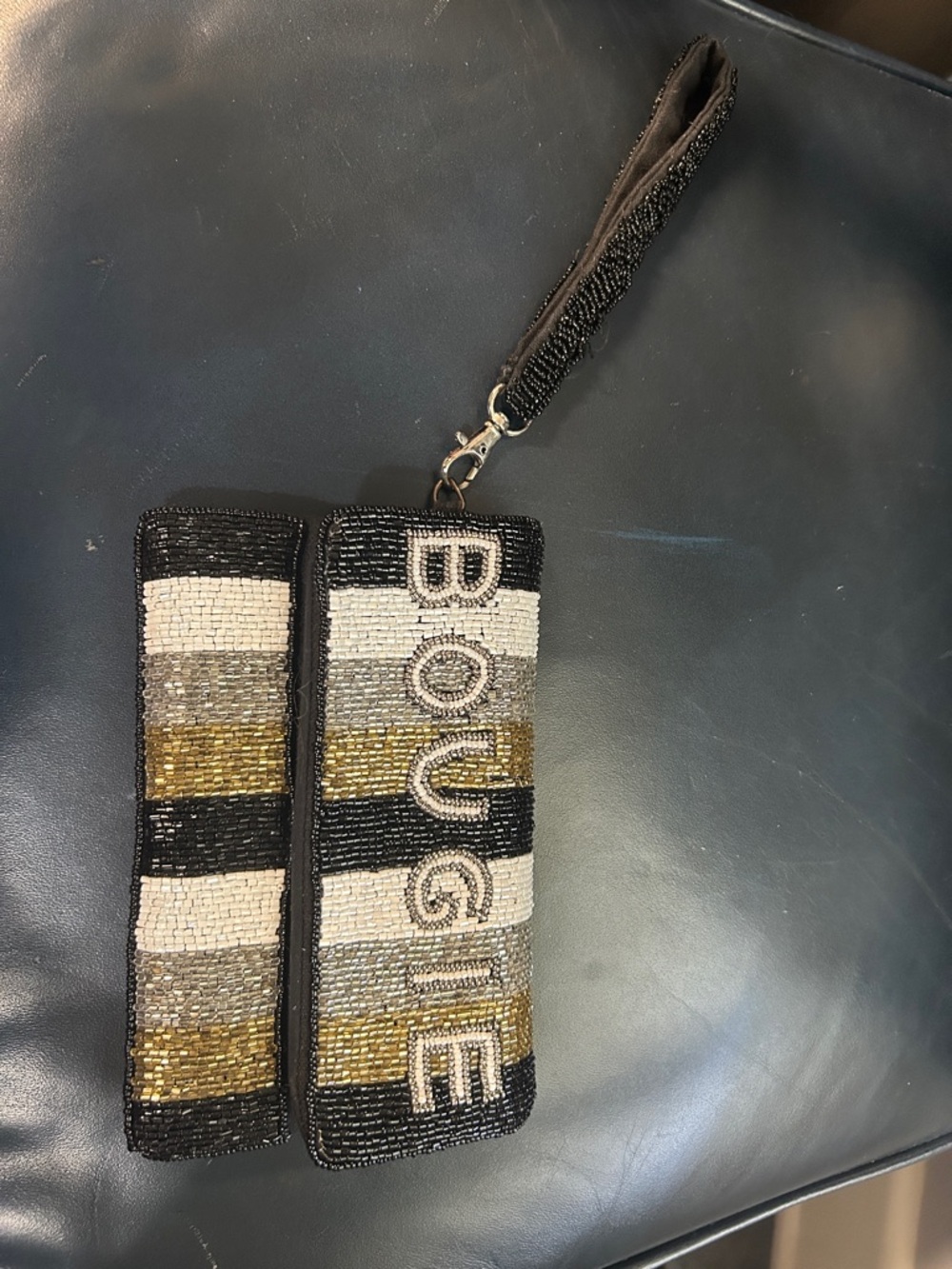 Beaded “BOUGIE” Wristlet Clutch in Black, Gold & Cream